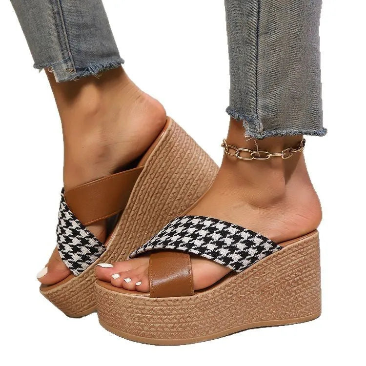 Cross leopard plaid wedge sandals in brown and black patterns with rubber soles