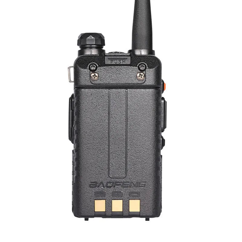 Black handheld walkie talkie with antenna, LCD display, and side buttons.