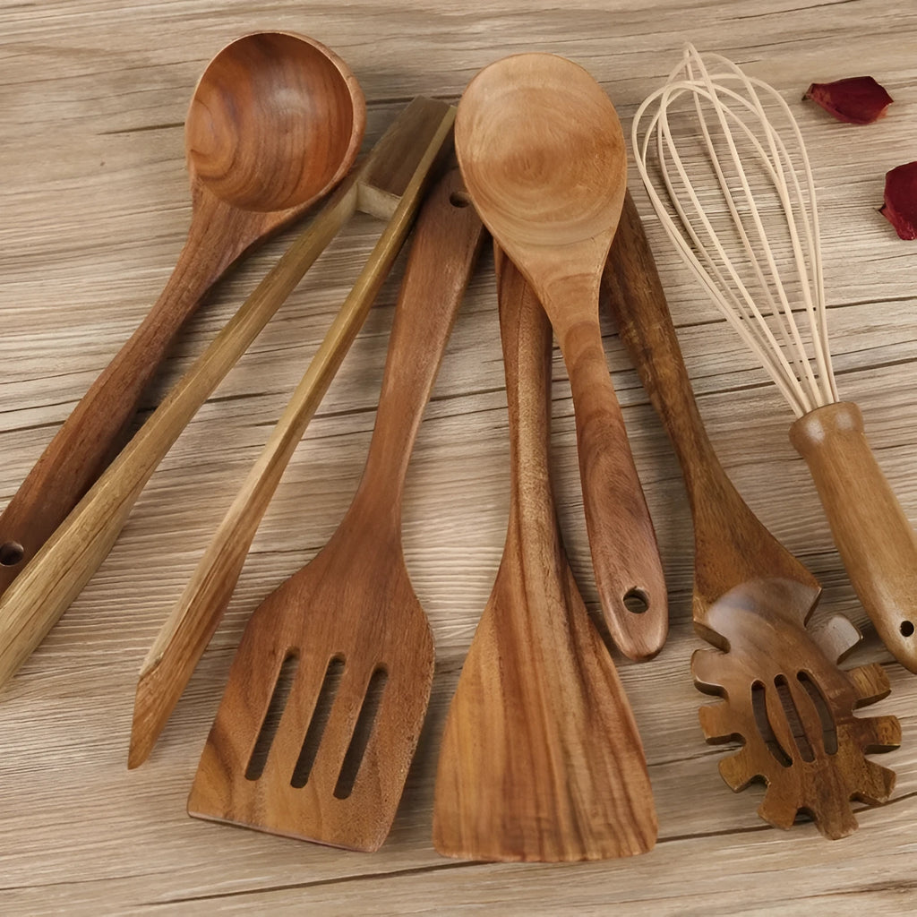 7-piece wooden cooking utensil set with anti-scald handles for non-stick pans