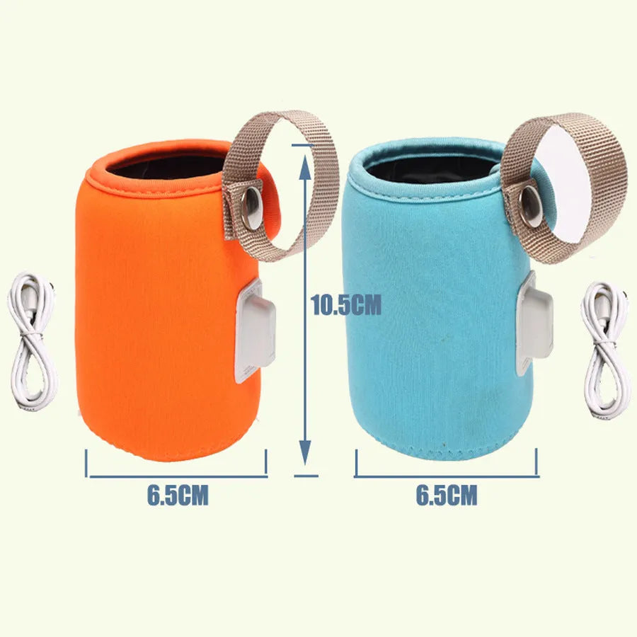 Blue USB-powered baby bottle warmer sleeve on a milk bottle showing USB cable.
