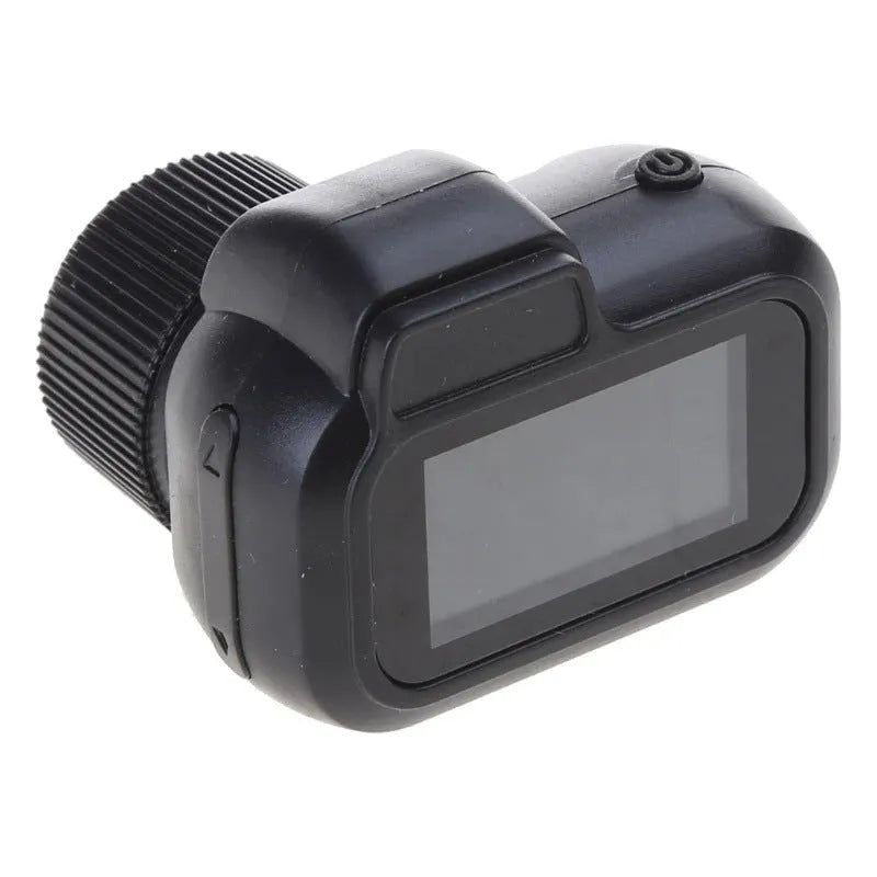 Black retro mini video camera with built-in screen showing 1080p HD recording
