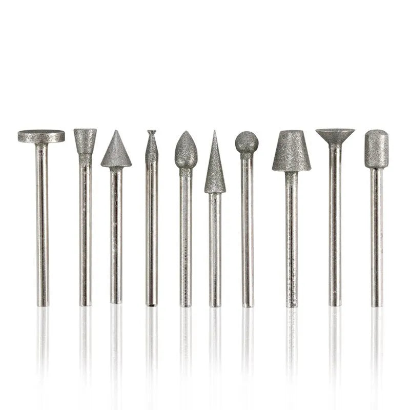 Close-up of an elliptical cone shaped alloy grinding head with a diamond coating and a 3mm shank.