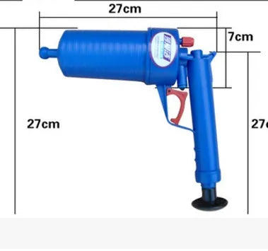 Manual high-pressure air power drain blaster gun with four different sized plastic sucker adaptors.
