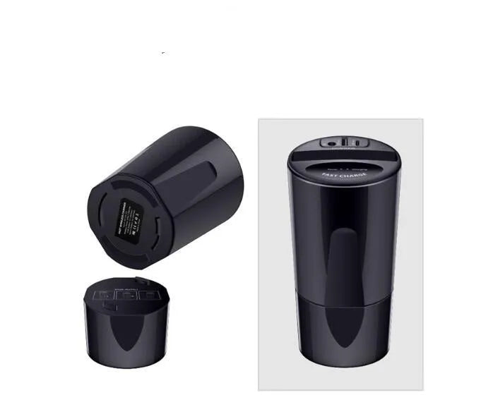 Black X9 car wireless charging cup and stand with Qi logo, showing USB and Type-C ports.