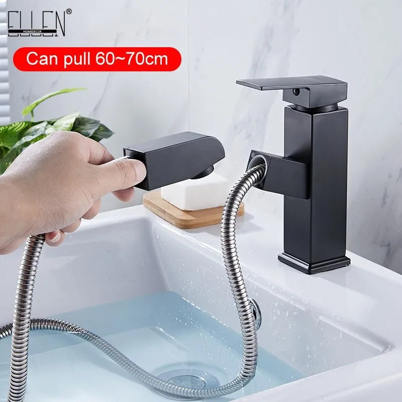 Brass square pull faucet with brushed gold electroplated finish and high low spout options