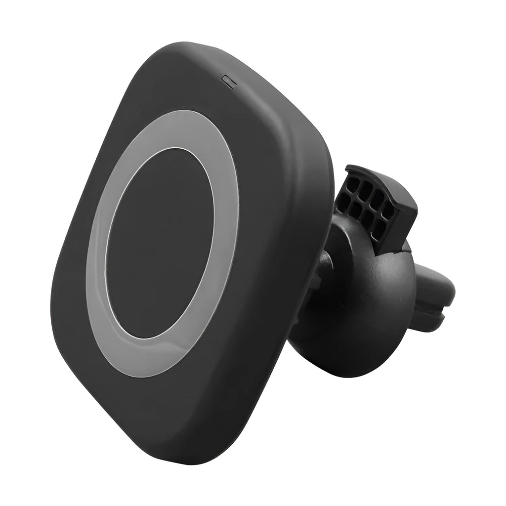 Grey mobile phone wireless charging stand with LED indicator on desk