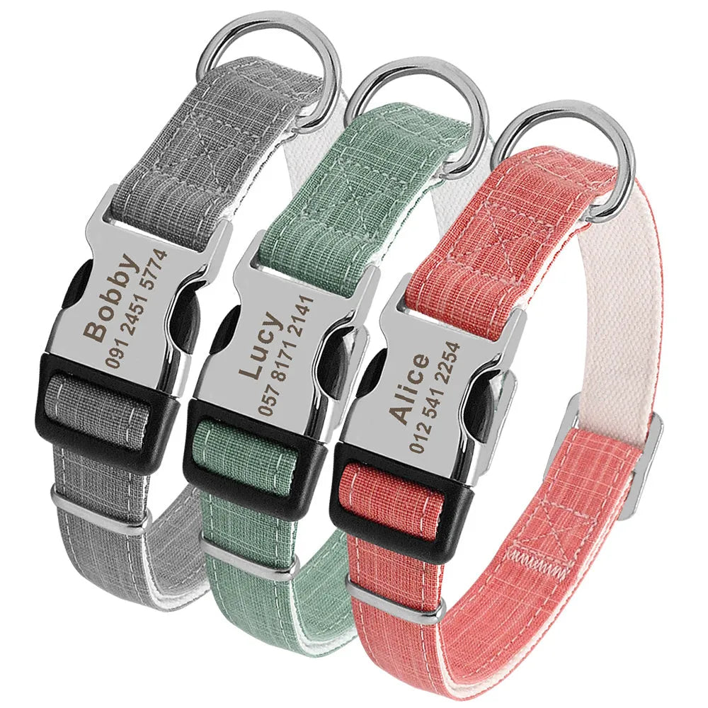 Custom nylon dog collar with engraved name tag in red blue orange for medium large dogs pug french bulldog