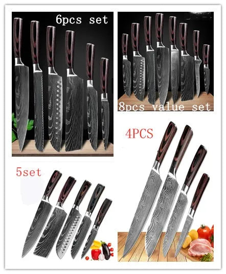 Carpenter's Special kitchen knife with laser Damascus pattern blade and coloured wood handle
