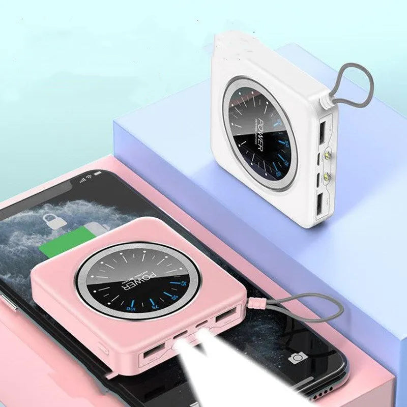 Compact alloy-cased power bank with a digital clock display, shown in mint green, with two USB output ports.