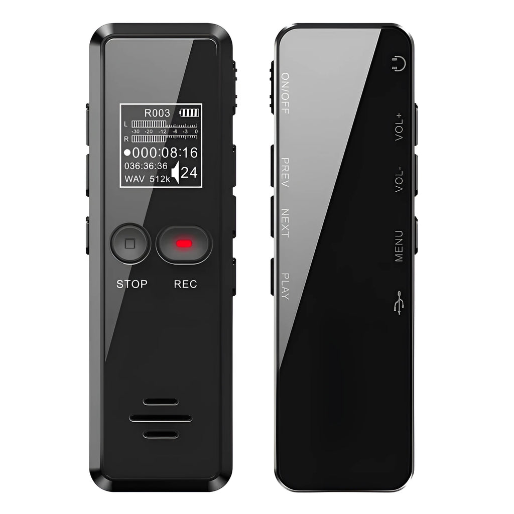 Black zinc alloy USB MP3 player and voice recorder showing display screen and USB connector.