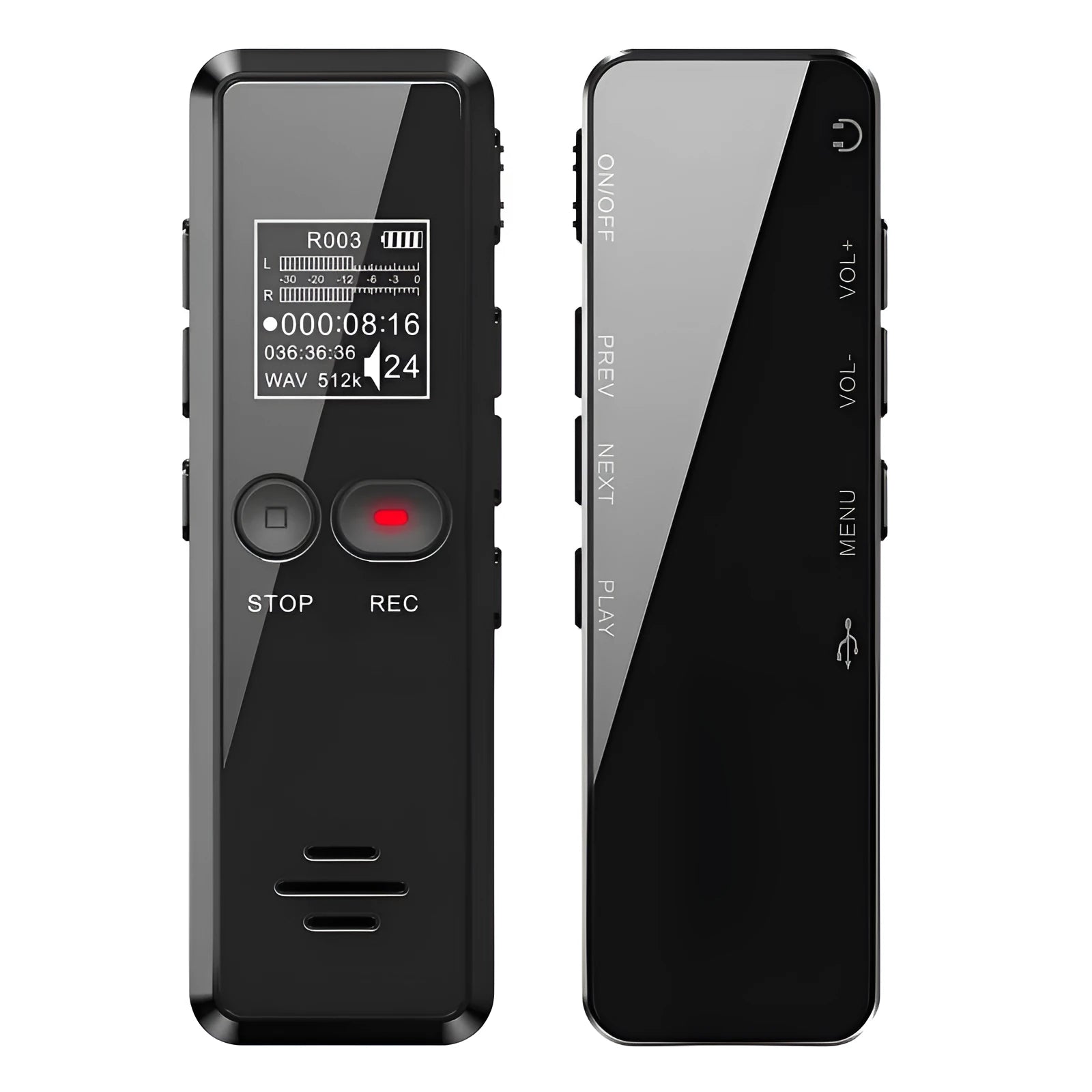 Black zinc alloy USB MP3 player and voice recorder showing display screen and USB connector.