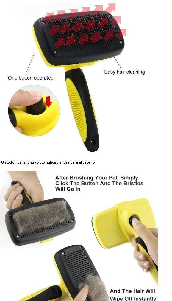 Retractable pet comb with stainless steel needles, ABS and TPR, 19x12.6cm, green and yellow