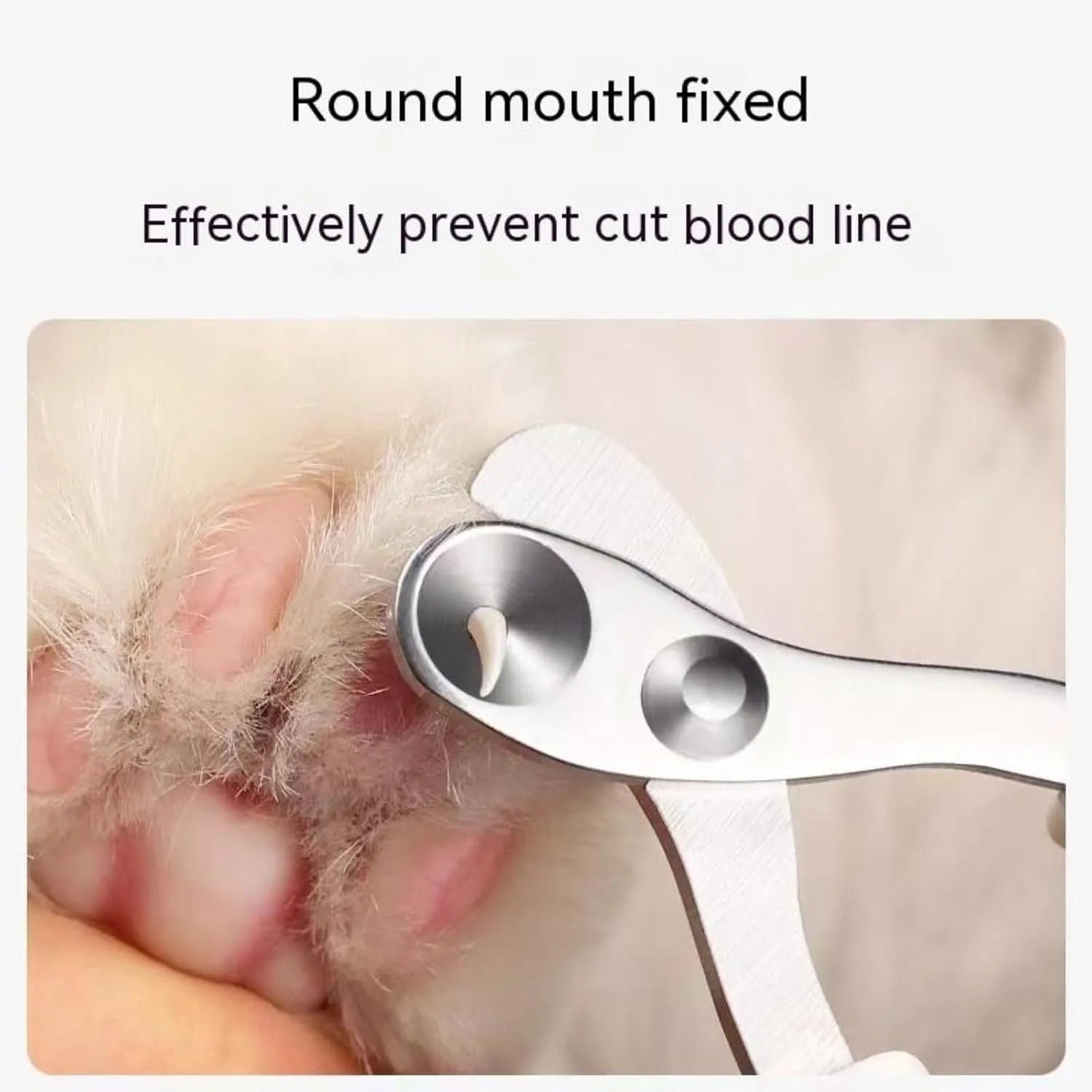 Blue pet nail clippers with a circular safety hole and non-slip handle on a white background.