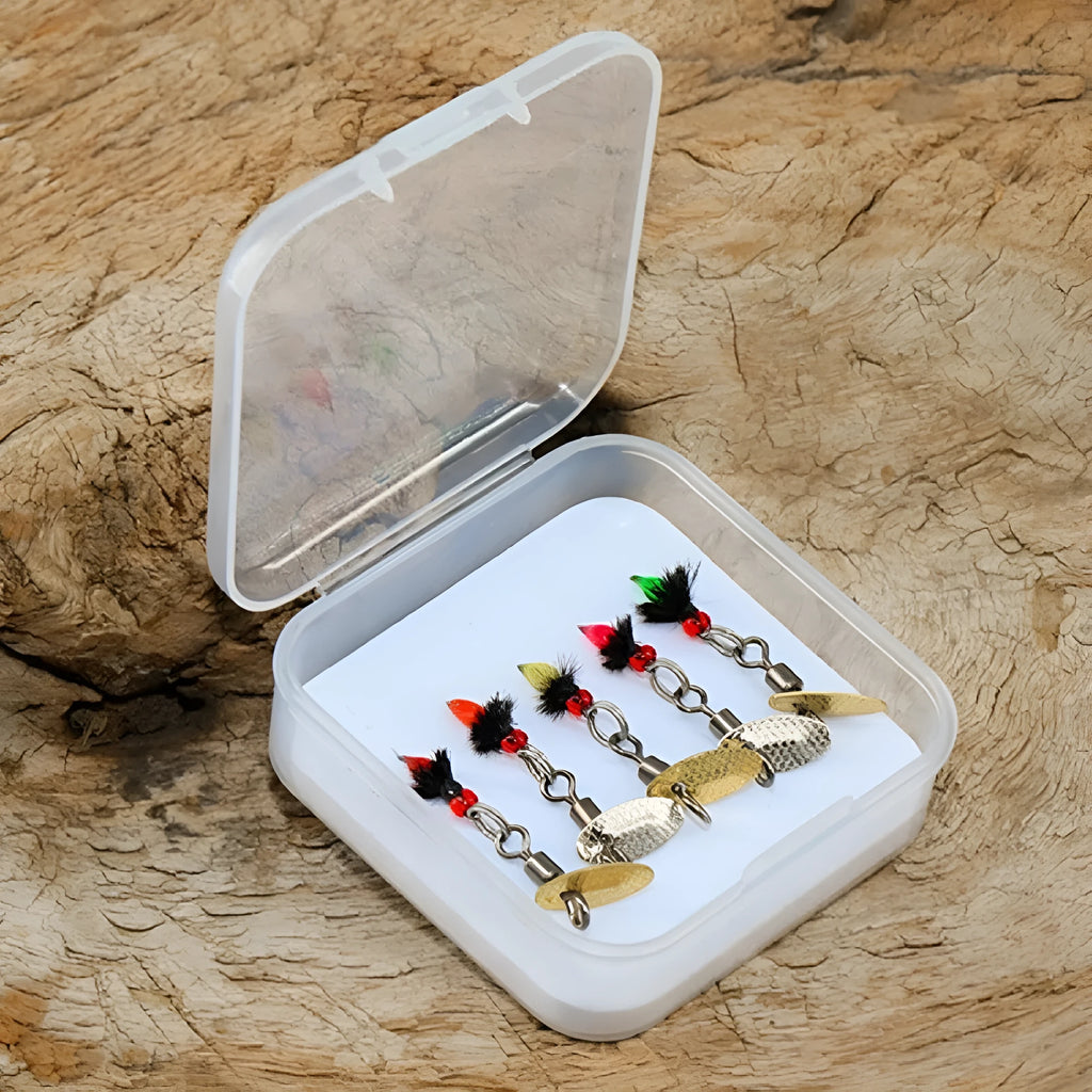Five multicolour fishing hooks with poisonous mosquito and fly patterns and spinning sequins