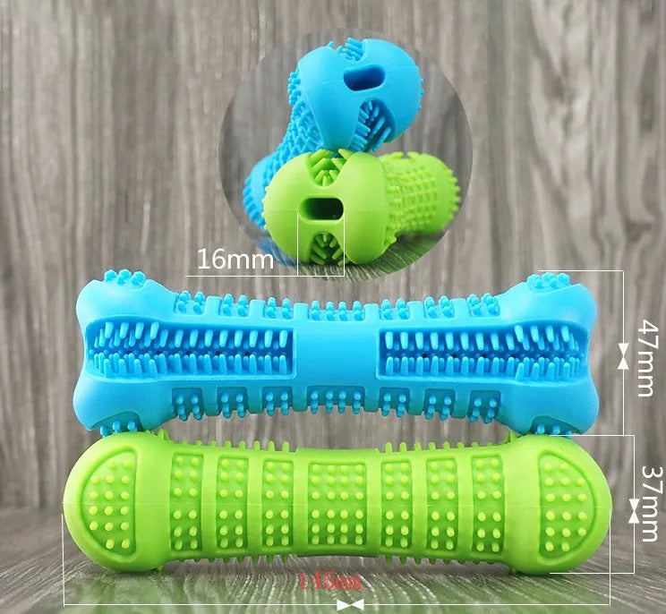 Bone-shaped silicone dog toothbrush with bristles on all sides and top toothpaste hole, in blue or green.