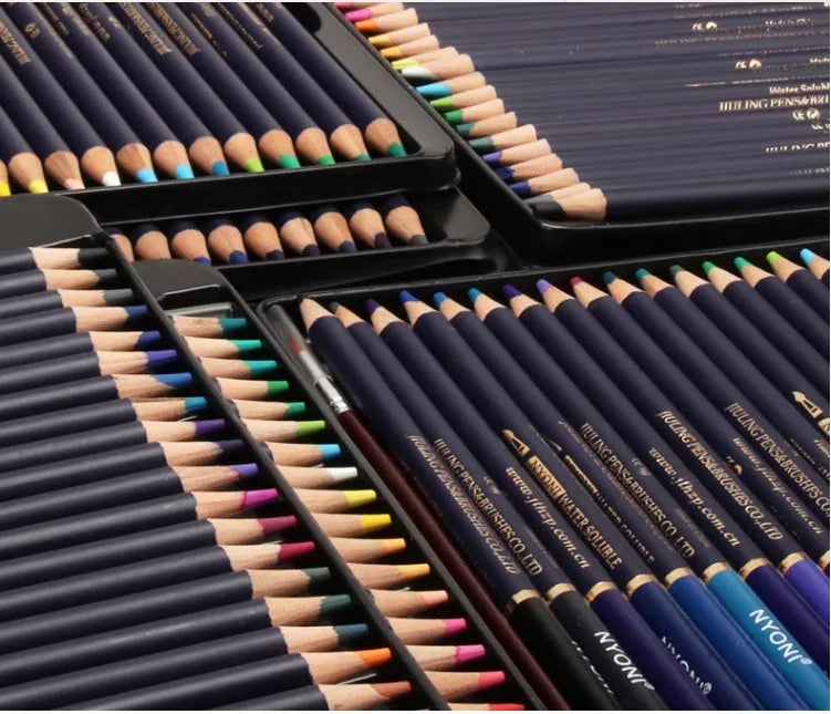Water soluble coloured pencil set with multiple colours and lead hardness options for painting and drawing