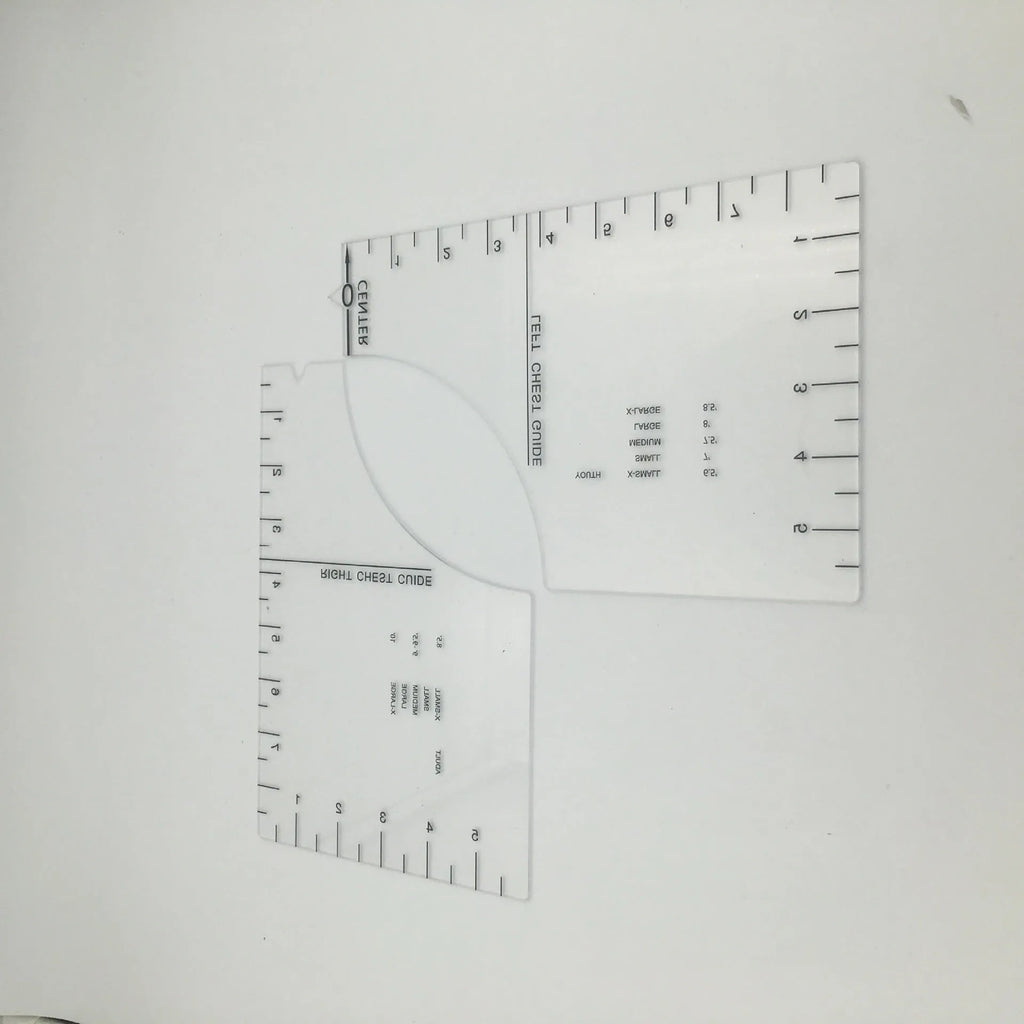 Transparent acrylic sewing ruler measuring 10 by 6 inches for T-shirt patch alignment