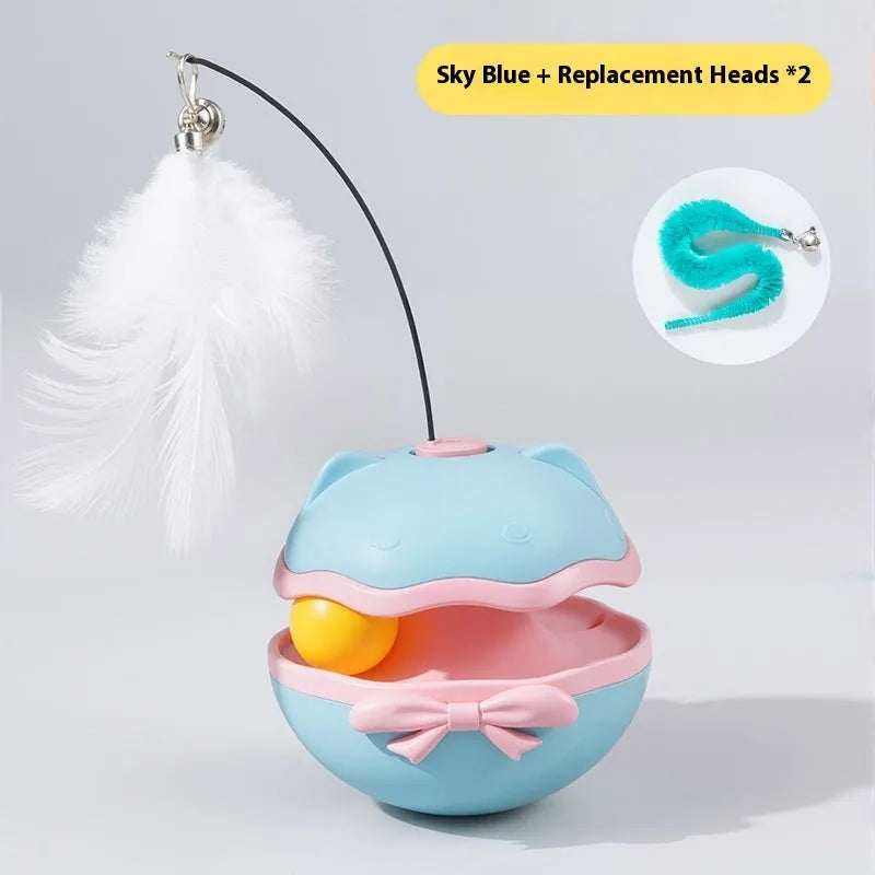 Electric cat toy tumbler ball in soft fog grey colour, showing smooth plastic surface and on/off switch on base.