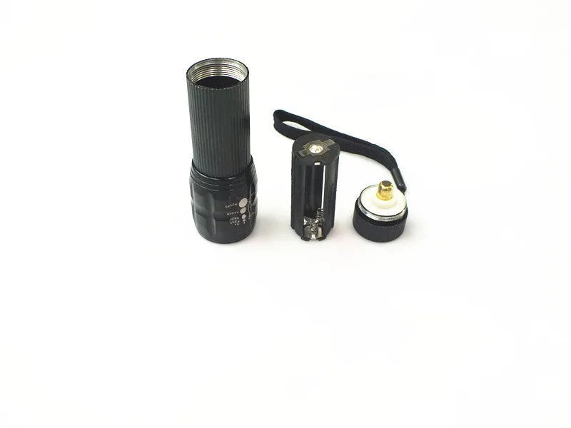 Black mini LED flashlight with telescopic head and tail push button switch, head diameter 3.1 cm