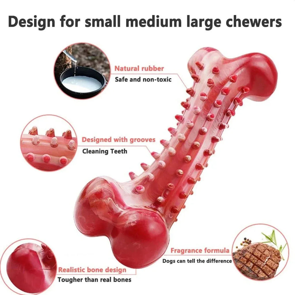 Red natural rubber chew toy for aggressive chewing dogs on wooden floor