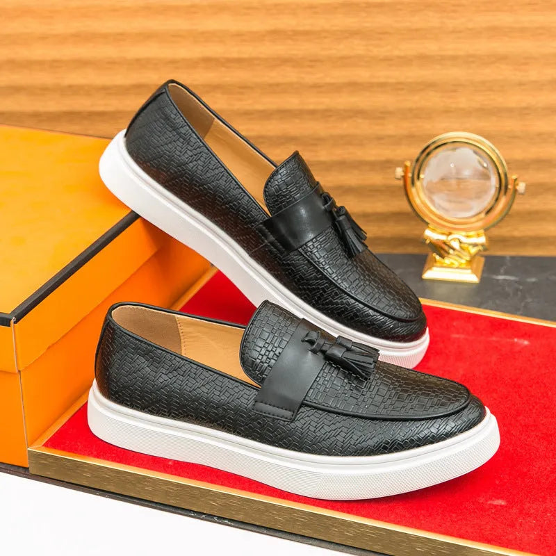 Men's black casual shoes with fringed detailing on artificial PU leather uppers