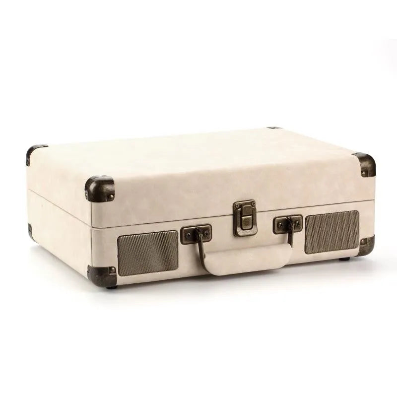 Portable Bluetooth vinyl turntable in a leather carrying case shown in multiple colour options