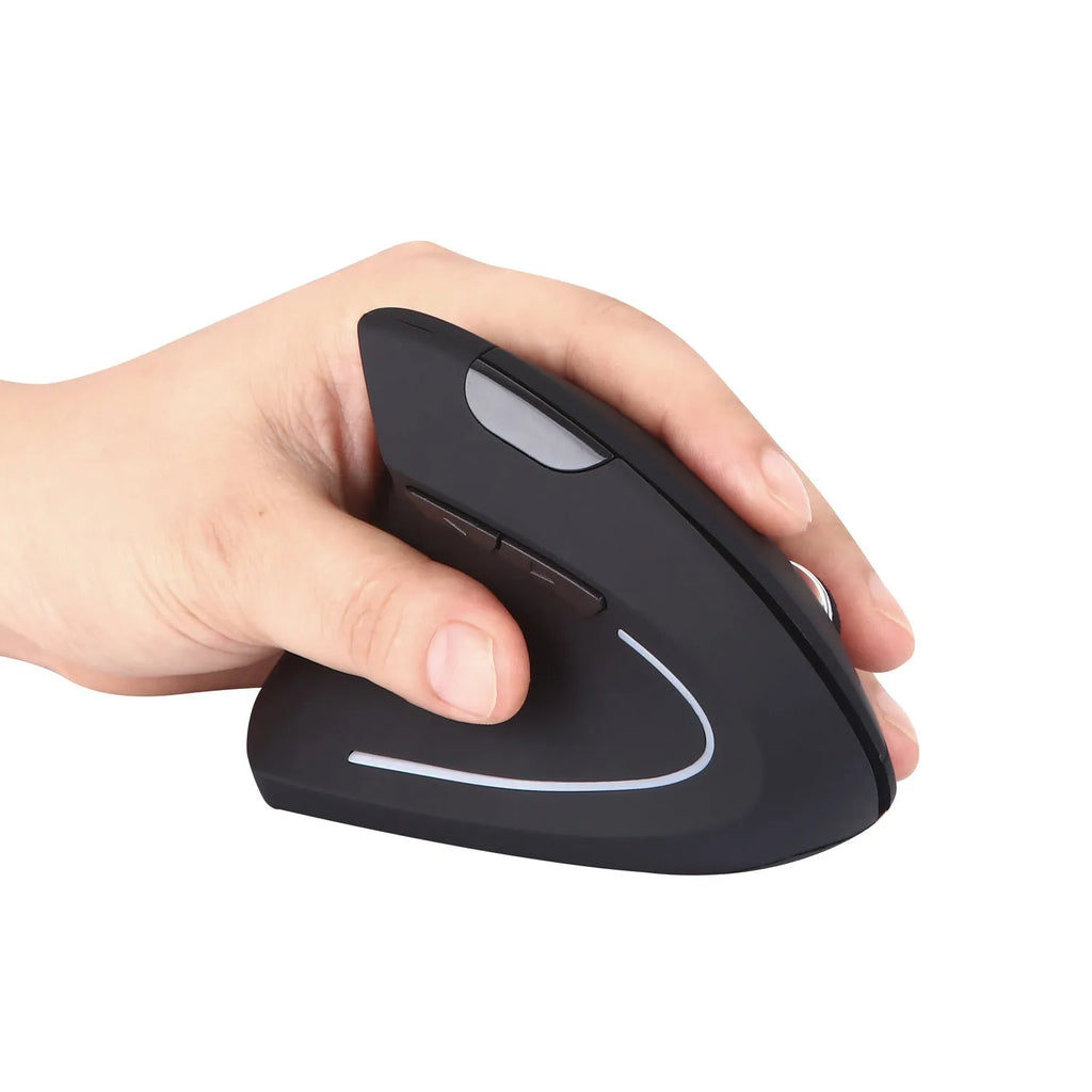 Wireless vertical left hand mouse in black with ergonomic design and thumb buttons