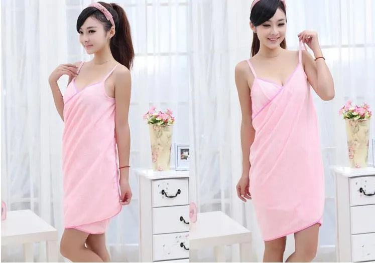 Pink and blue beach towels shown in S and L sizes as a bath dress towel and cover-up