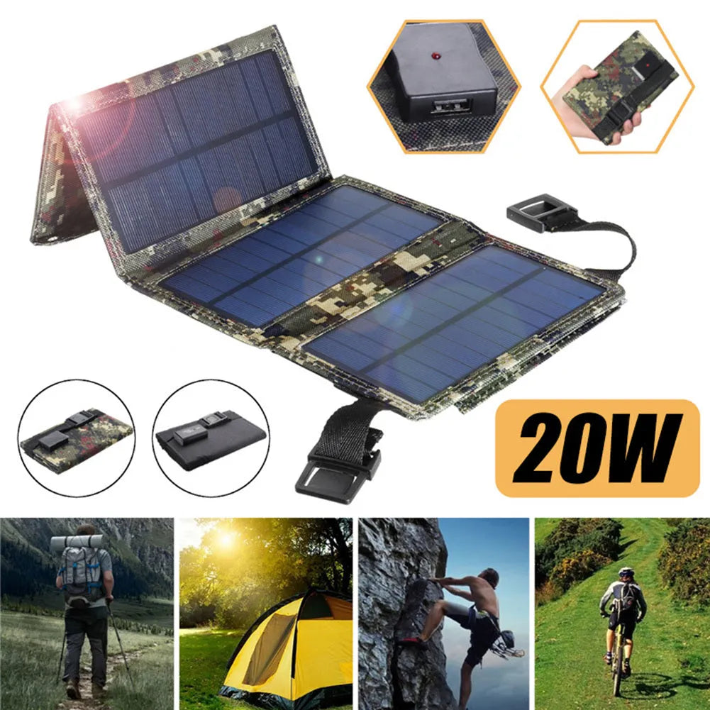 20W solar folding bag in camouflage pattern, folded and expanded, with USB output port, for outdoor charging