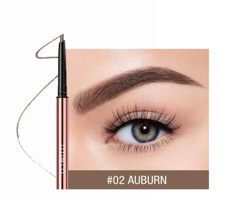 Eyebrow make-up pencil in colour box with six shade options including auburn and taupe.
