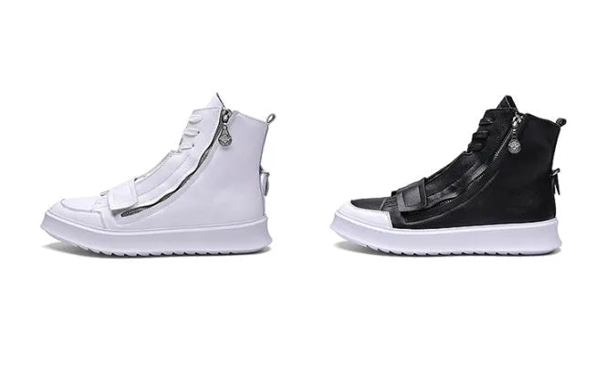Men's black and white high-top sneaker-style ankle boots made from microfibre PU leather.