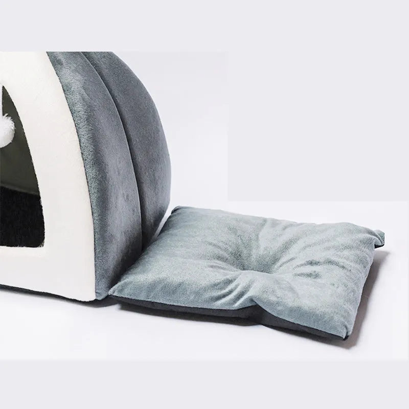 Rabbit ear Mongolian nest pet bed in arctic velvet and PP cotton, grey and pink, sizes S to XL
