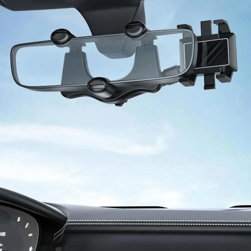 Black rearview mirror car phone holder extended, showing 360-degree rotation and four-claw phone grip.