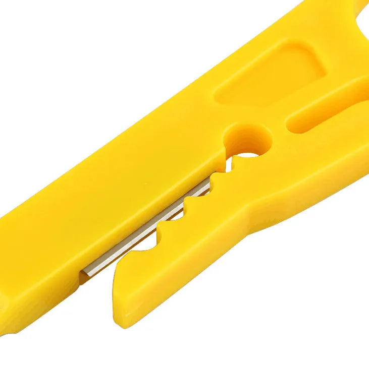 Yellow mini portable wire stripper tool with snap-in metal blade for 0.6mm cables.