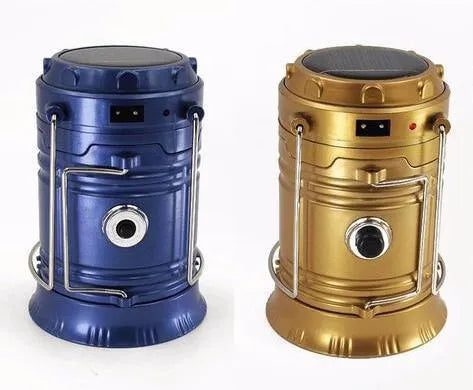 Collapsible LED solar camping lantern in Blue or Gold with reflective lenses, rubber handle and water resistant ABS body