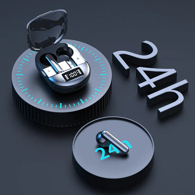 Black and white wireless Bluetooth in-ear headphones with a charging bin showing digital display.