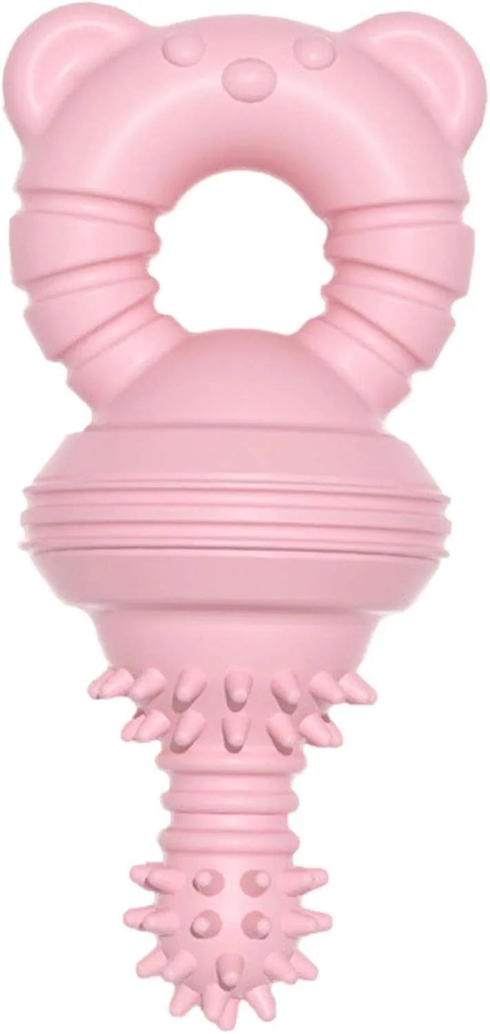 Blue rubber dog chew toy with textured surface and bell inside, for aggressive chewers.
