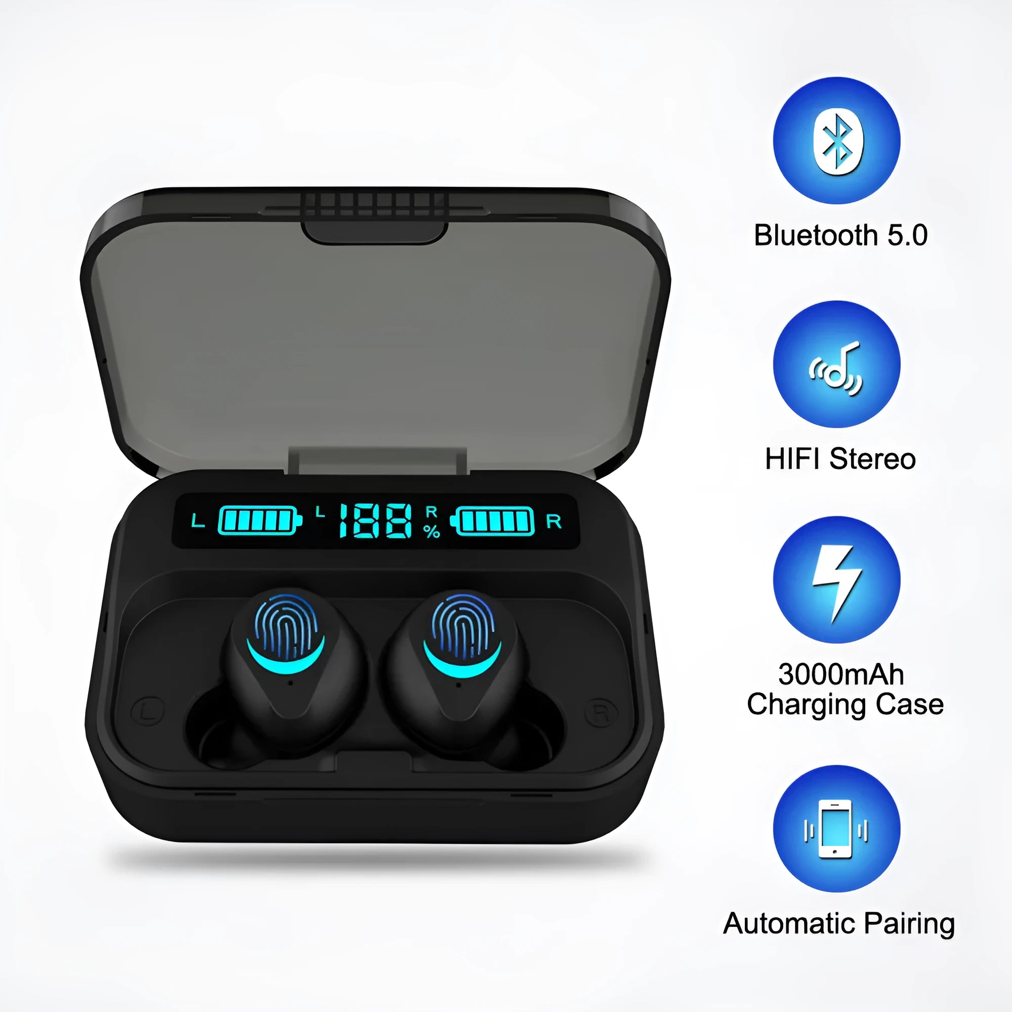 Black TWS Bluetooth earbuds with earplug-style design on a white background.