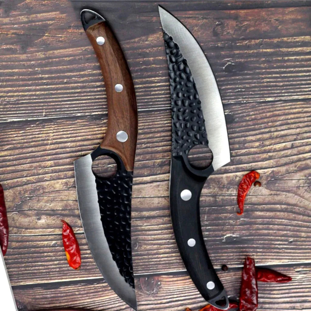 Butcher knife set with small curved scimitar and boning knife in leather sheath