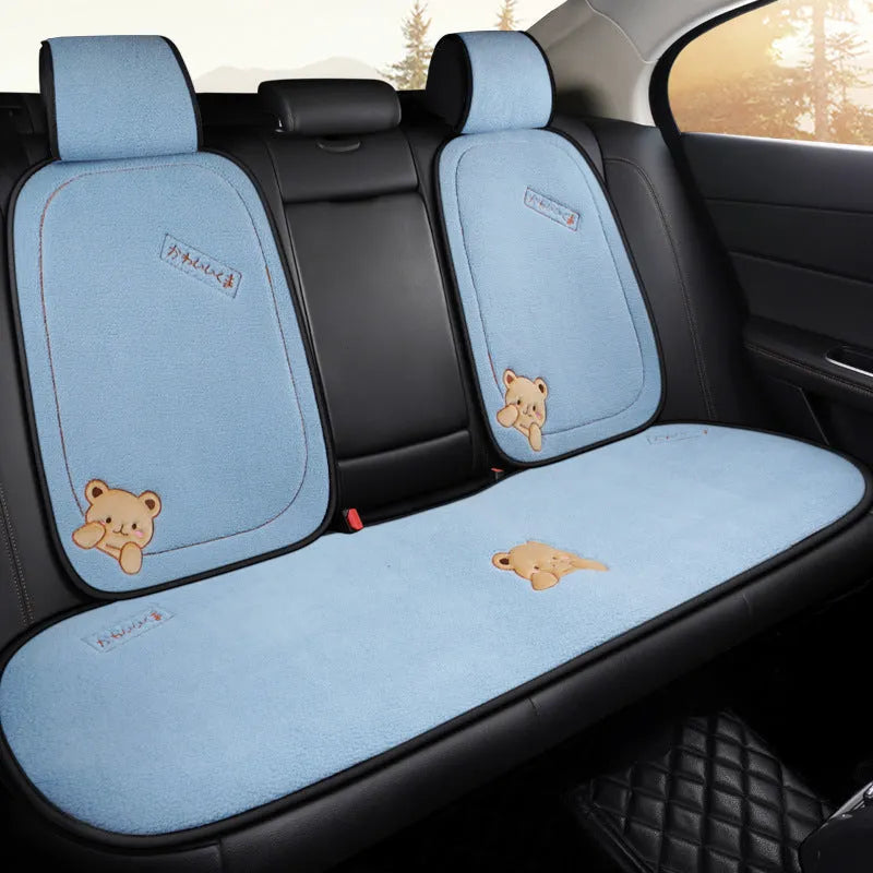 Trendy bear style car cushion three-piece set with square cushion and lumbar support in wool cotton winter filler