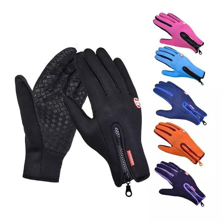 Pair of winter touch screen riding gloves in blue with polar fleece lining and antiskid grip for motorcycle use