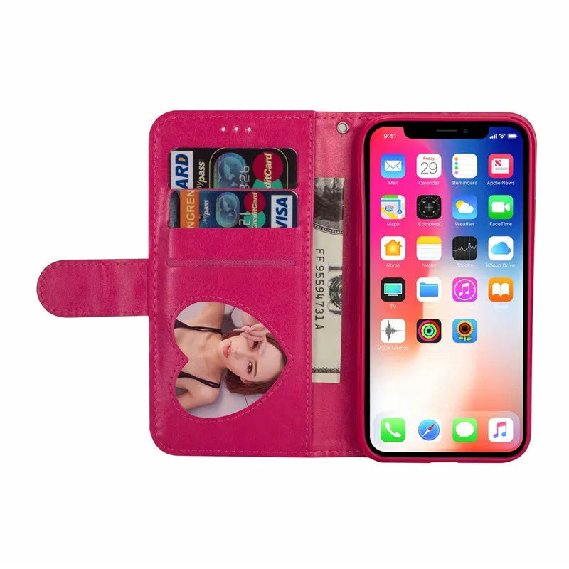 PU leather zipper wallet phone case for iPhone shown in multiple colour options.