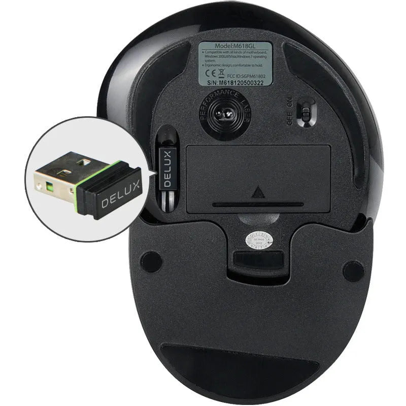 Black M618 wireless vertical ergonomic mouse with USB receiver on a wooden desk.