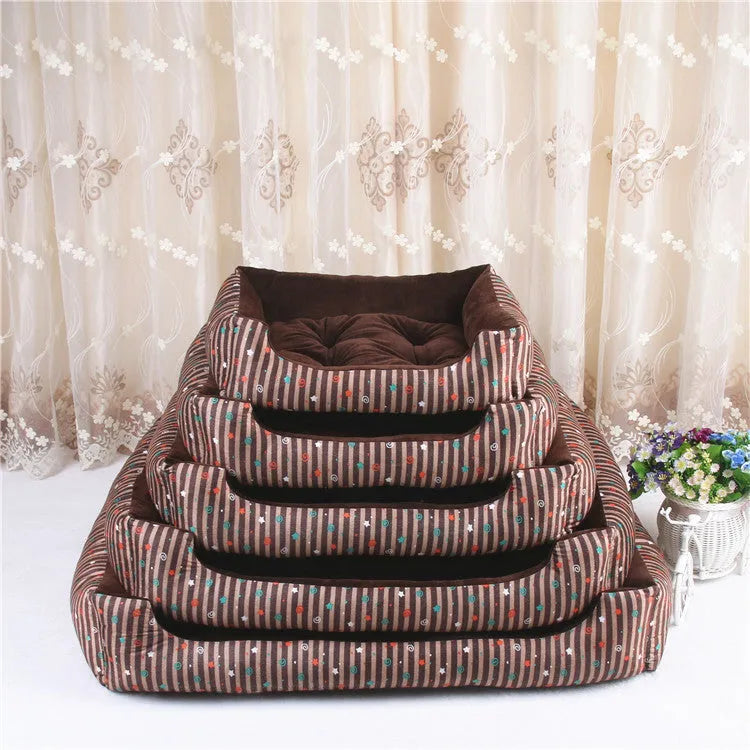 Round cloth pet bed for dogs and cats showing multiple colour pattern options and size range.