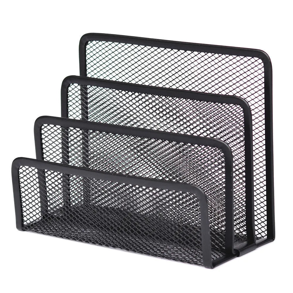 Grey mesh 3-tier letter file holder with metal frame on a desk, dimensions 170x135x78mm