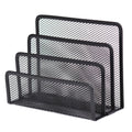 Grey mesh 3-tier letter file holder with metal frame on a desk, dimensions 170x135x78mm