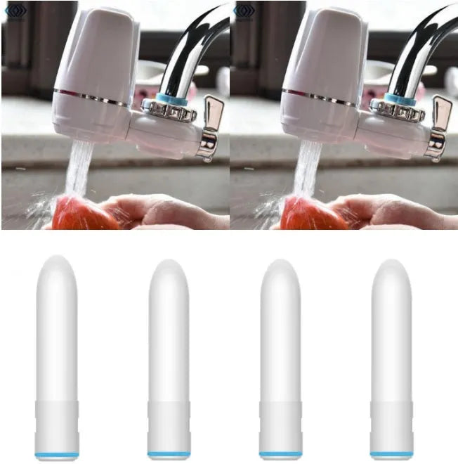 White kitchen faucet water filter with ceramic cartridge and universal thread adapters for tap mounting.