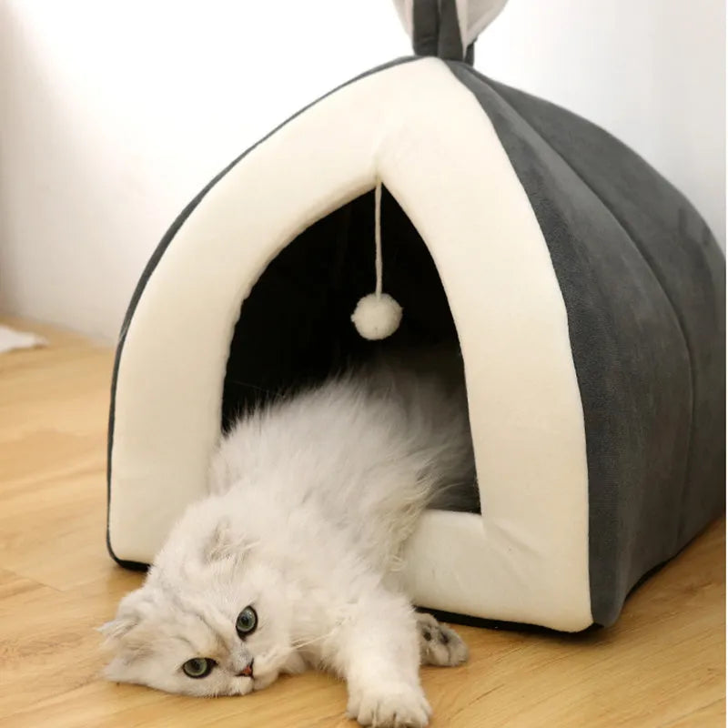 Rabbit ear Mongolian nest pet bed in arctic velvet and PP cotton, grey and pink, sizes S to XL