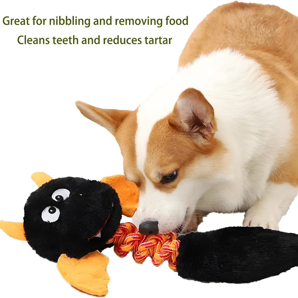 Cartoon-style plush dog toy with a chew rope, shown in black, green, or red colours.