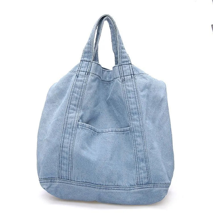 Large canvas tote bag in dark blue or light blue with polyester lining, women's shoulder bag.
